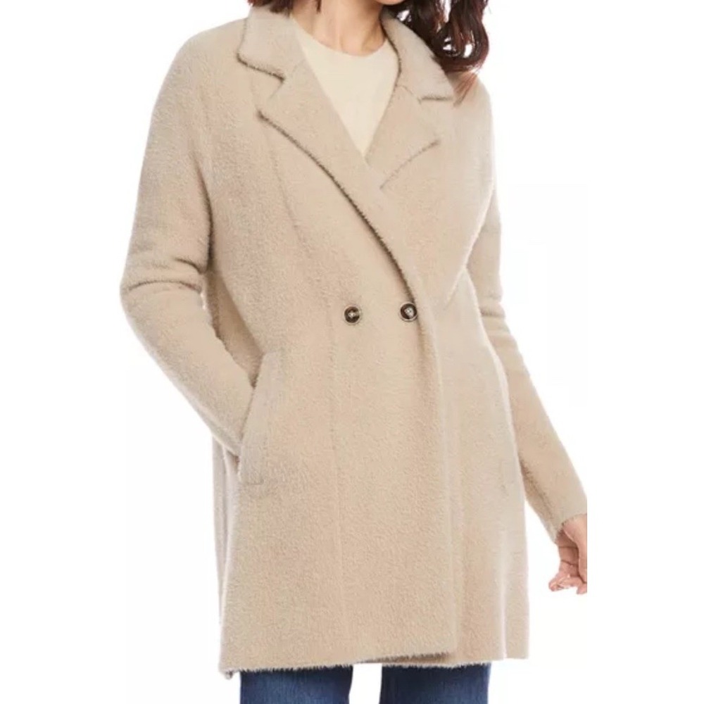 Karen Kane Notch Collar Textured Sweater Coat Double Breasted Soft Beige Sz S